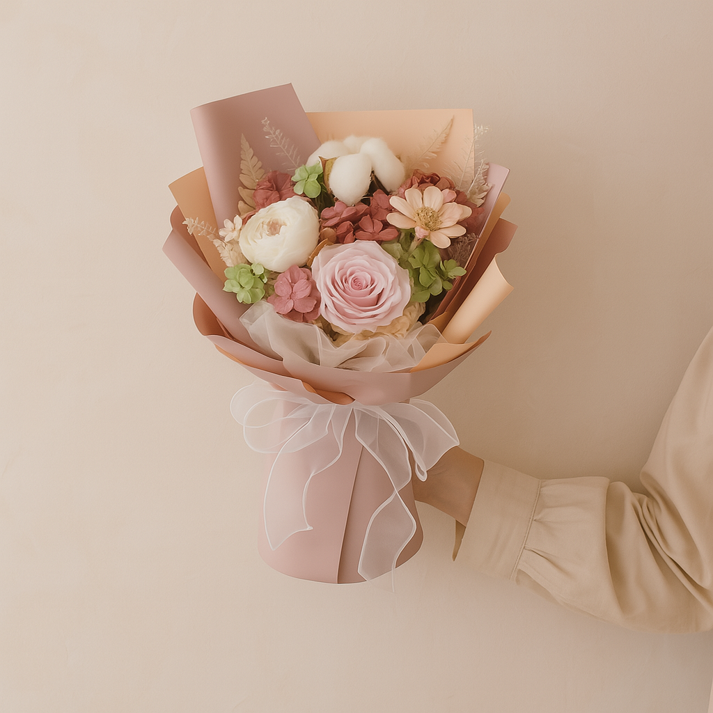 柔粉花語永生花束