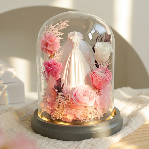 永恆誓約｜婚紗永生花玻璃罩擺飾 (含暖光燈座/精品提袋)