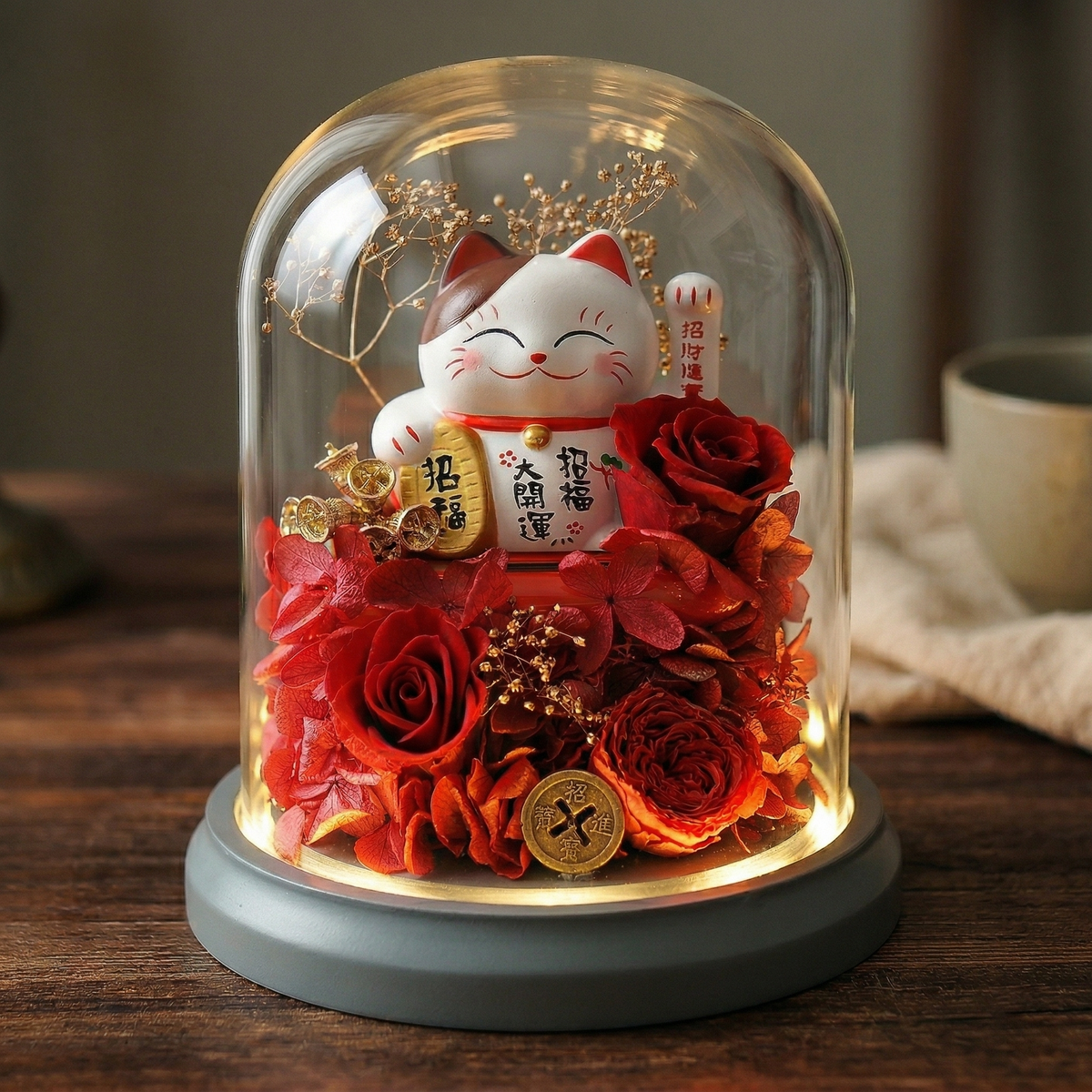 福運花語 ⟡ 招財貓永生花玻璃罩燈座 (含LED燈座/禮盒)