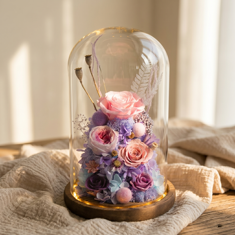 晨曦紫境 ⟡ 永生玫瑰玻璃花盅 LED 燈飾 (27cm 職人手作)
