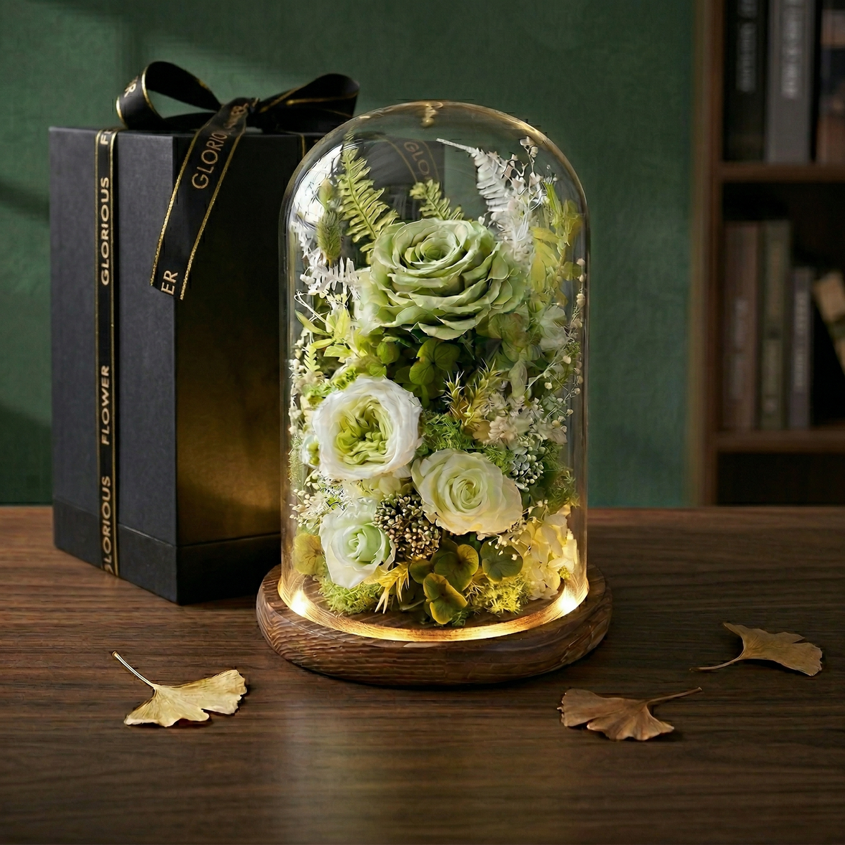 星韻永恆 · 大型 LED 玻璃罩永生花｜26.5cm 實木底座 (附電池/精裝禮盒/高磅數禮物袋)
