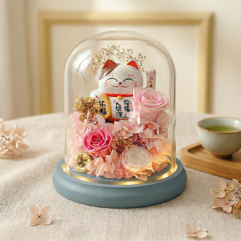 福運花語 ⟡ 招財貓永生花玻璃罩燈座 (含LED燈座/禮盒)
